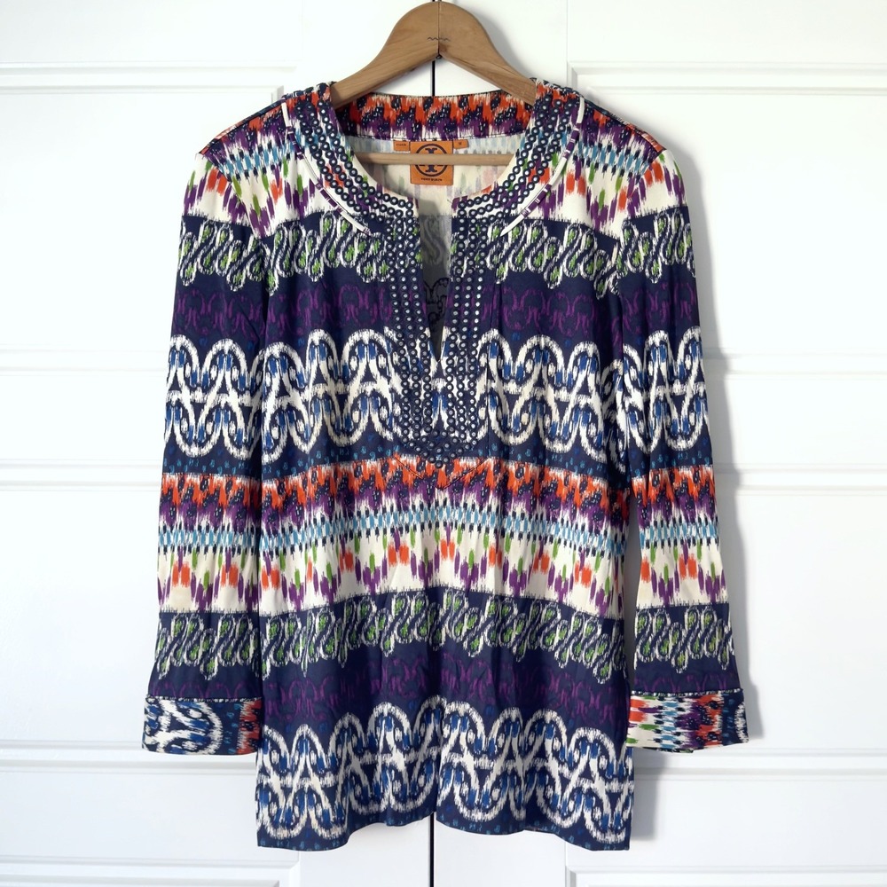 Tory Burch Silk Artsy Tunic Top Womens Medium Colorful Ikat Geometric 3/4 Sleeve